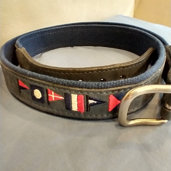 Size 40 made in USA Zeppelin Blue fabric belt with sailing nautical flags silver - Picture 3 of 7